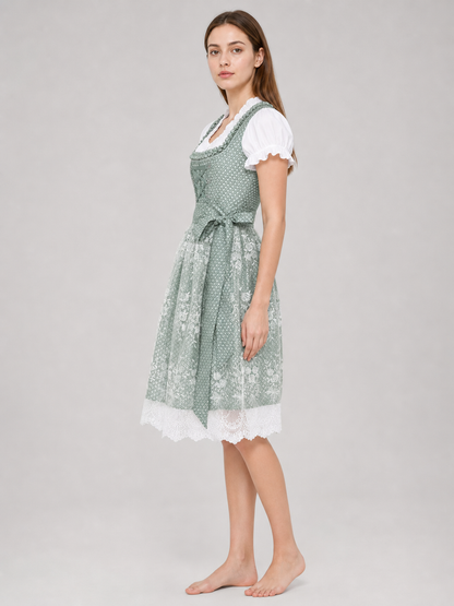 Green Dirndl Dress with Lace and Front Lacing