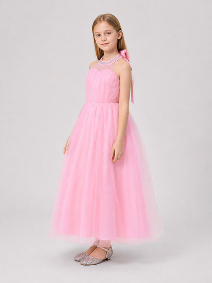 Pink Dress with a Full Skirt and Halter Neckline