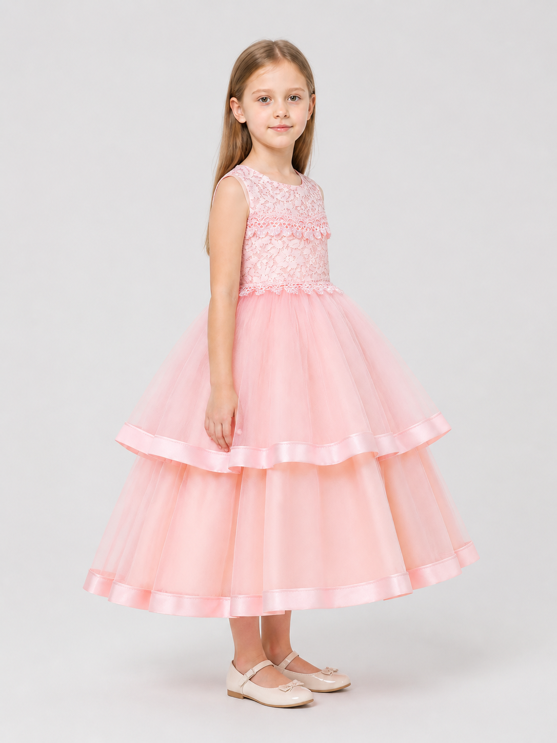 Girls’ Long Princess Dress with Lace and Tulle side view