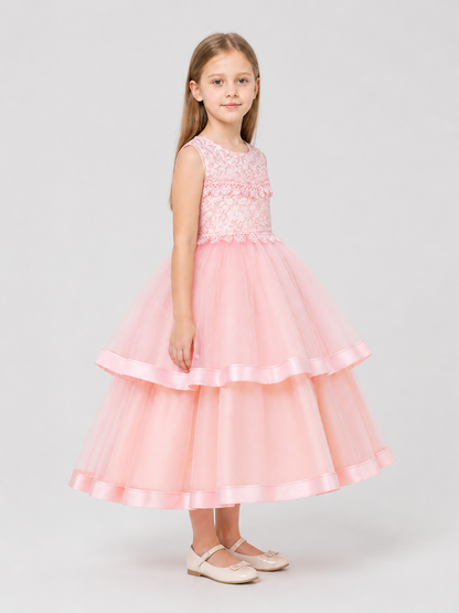 Girls’ Long Princess Dress with Lace and Tulle side view