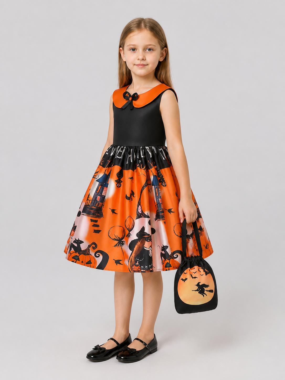 Halloween Cosplay Dress with Full Skirt and Drawstring Bag