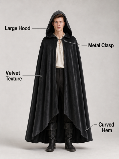 Long black hooded costume cloak