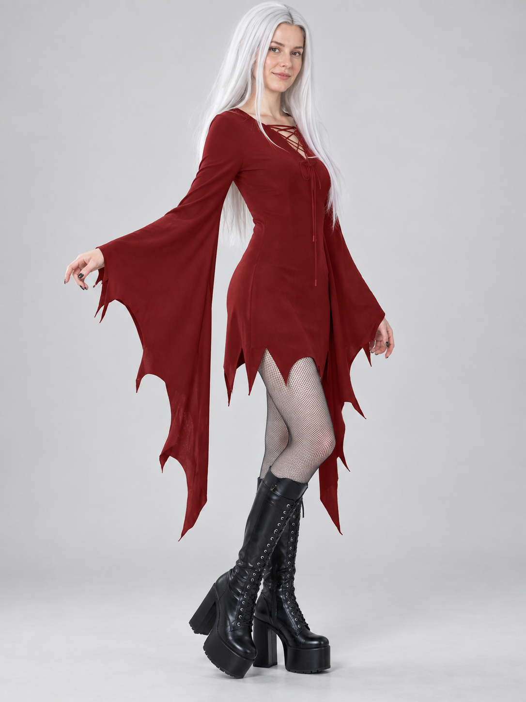 Red Vampire Short Dress with Wing Sleeves