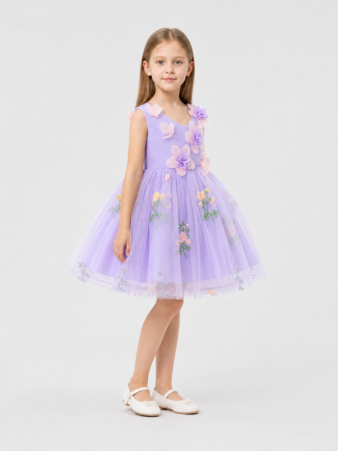 Full-Skirt Dress with Floral Embroidery and Butterflies side view
