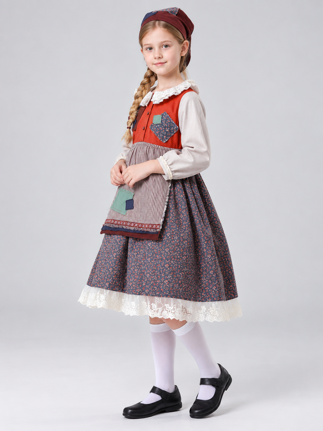 Kids' costume with dress, apron, and headscarf
