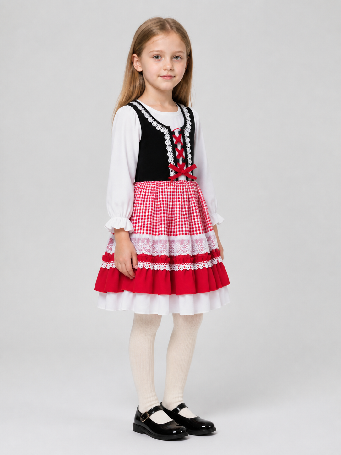 Dressy New Year's Dress with a Plaid Skirt and Lace side view