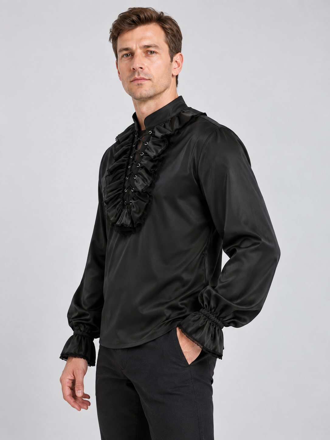 Black shirt with high collar and ruffles