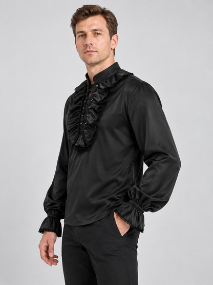 Black shirt with high collar and ruffles