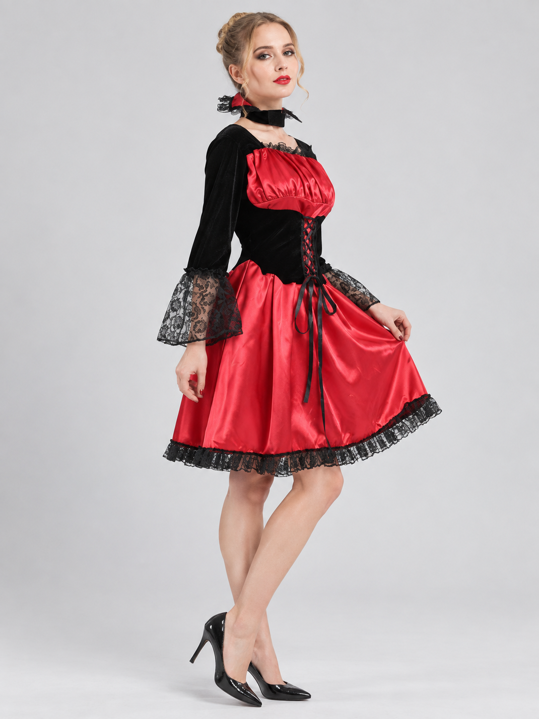 Carnival Costume: Red and Black Dress with Lace, Choker