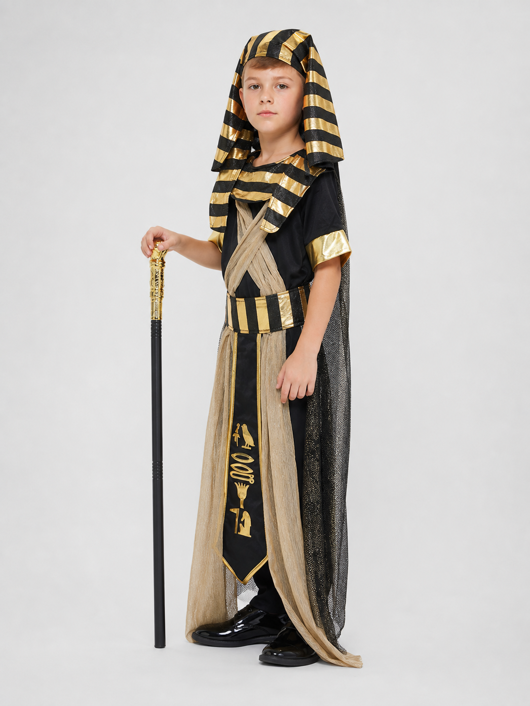 Adult Egyptian Pharaoh Costume Set, 4pcs Robe With Headdress Collar And Waist Belt, Black Gold Cosplay Outfit For Halloween Stage Performance