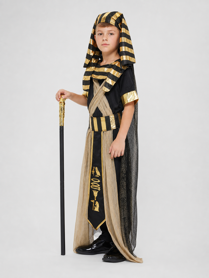 Adult Egyptian Pharaoh Costume Set, 4pcs Robe With Headdress Collar And Waist Belt, Black Gold Cosplay Outfit For Halloween Stage Performance