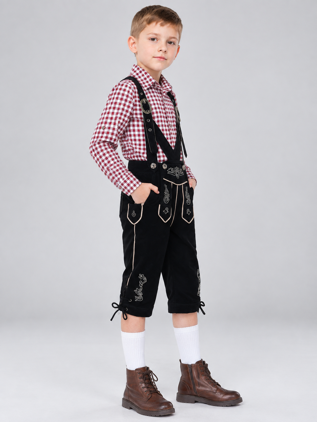 Kids' Black Suspender Pants with Embroidery