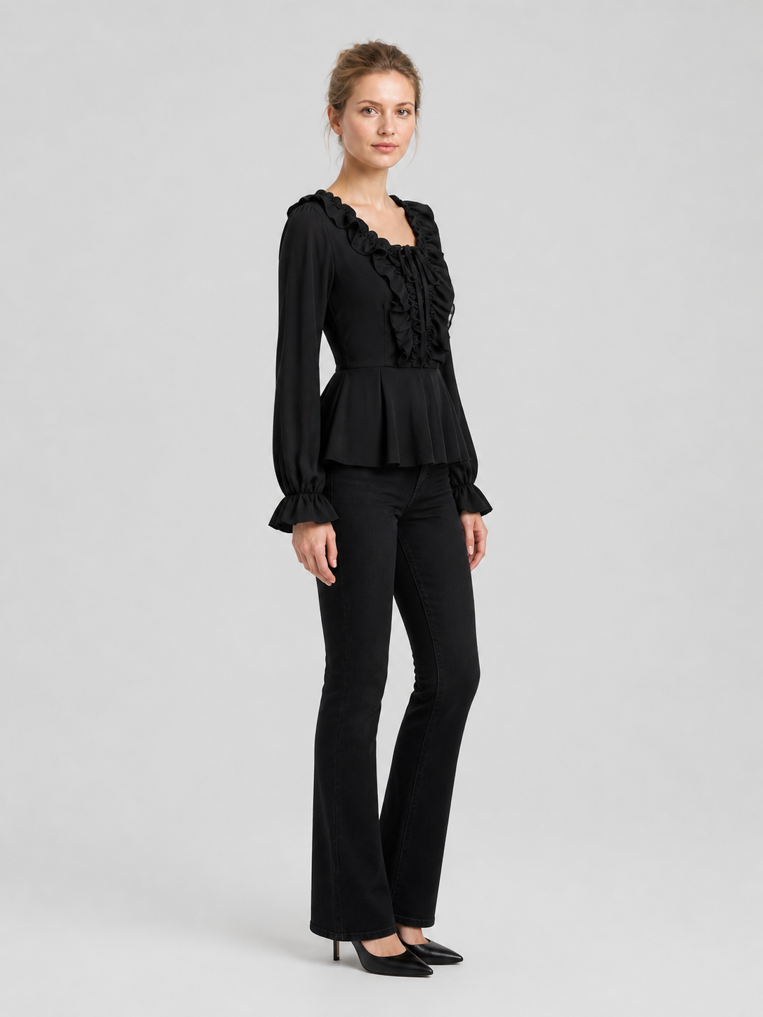 Black Fitted Blouse with Ruffles and Tie side view