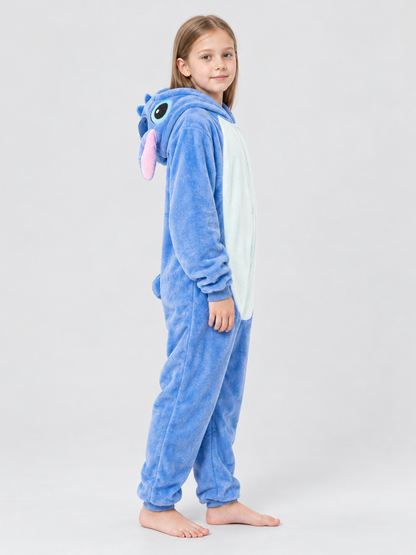 Hooded Pajama Jumpsuit with Ears, Cartoon Print