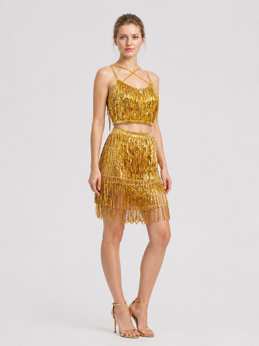 Stage Costume: Sequin and Fringe Top and Skirt side view