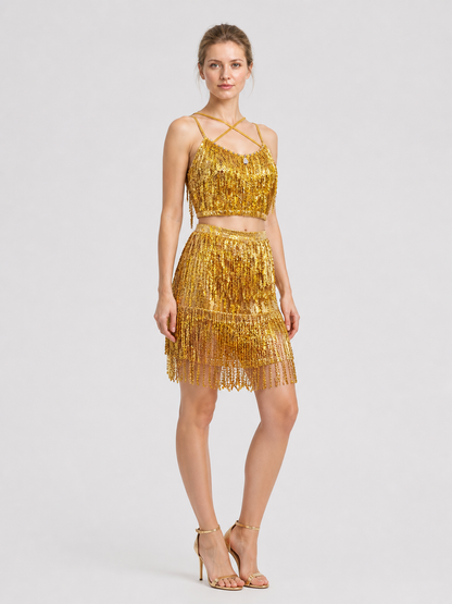 Stage Costume: Sequin and Fringe Top and Skirt side view
