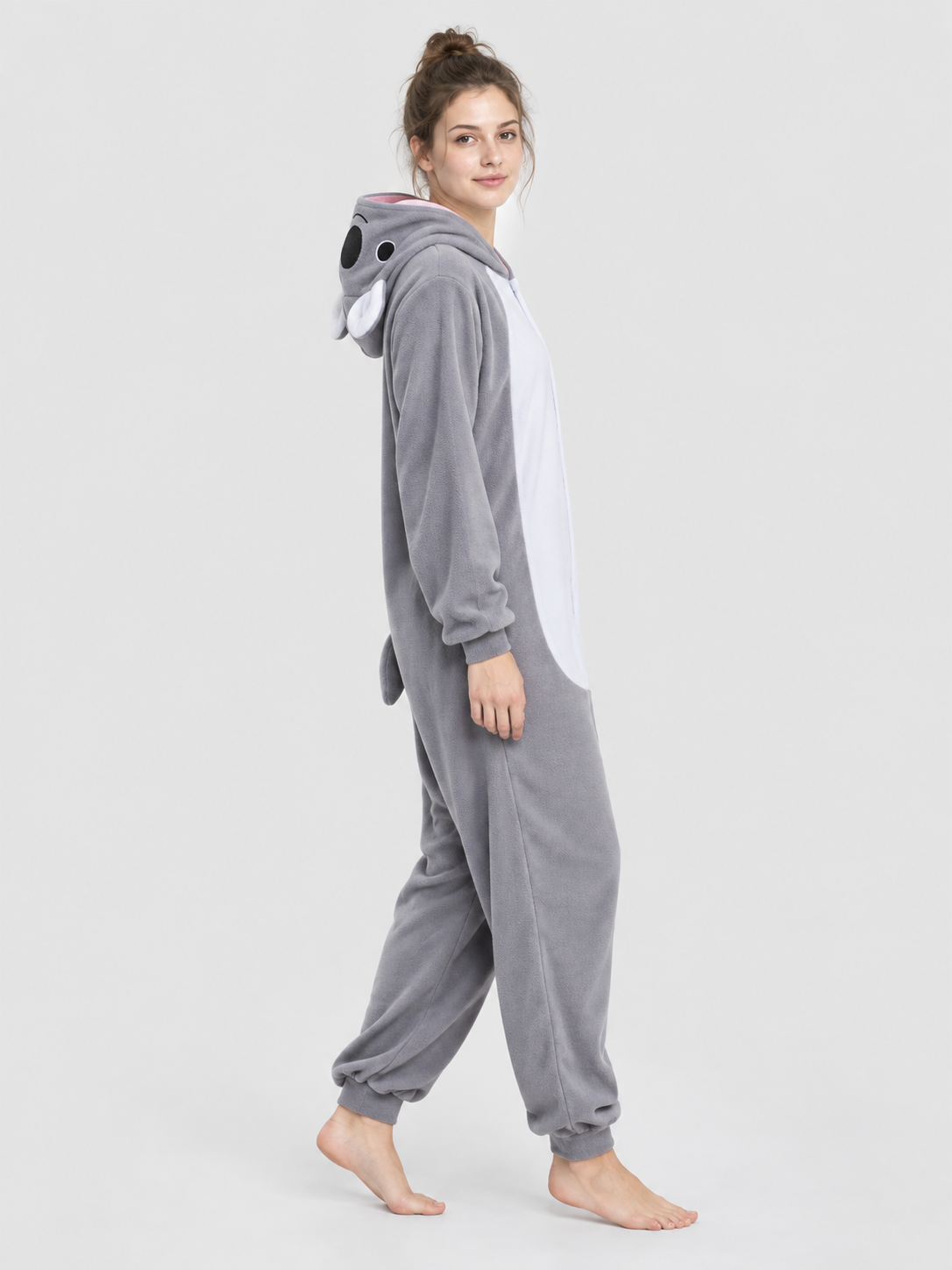 Gray Fleece Hooded Pajama Jumpsuit with Animal Face Hood