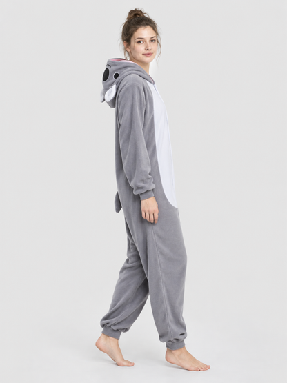 Gray Fleece Hooded Pajama Jumpsuit with Animal Face Hood