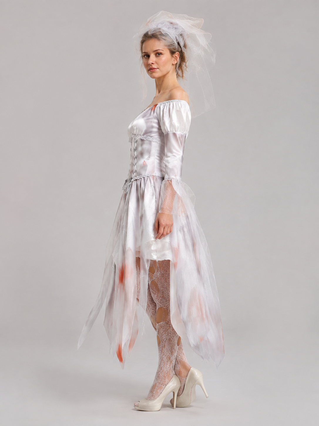 Ghost Bride Costume with Layered Skirt side view