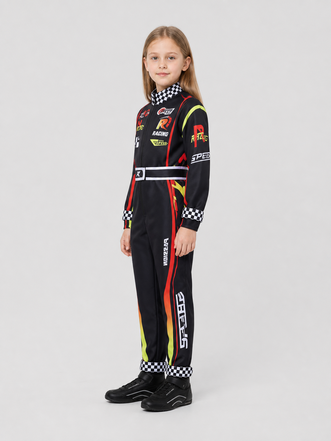 Children’s Summer Racing Jumpsuit with Stripes and Checkerboard Pattern