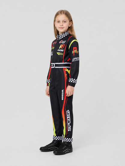 Children’s Summer Racing Jumpsuit with Stripes and Checkerboard Pattern