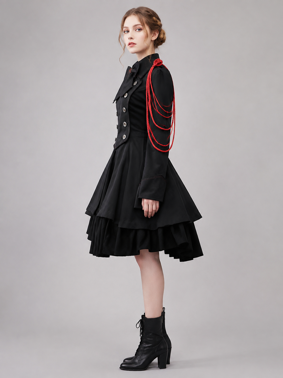 Gothic Dress with a High Collar and Lace-Up Back side view