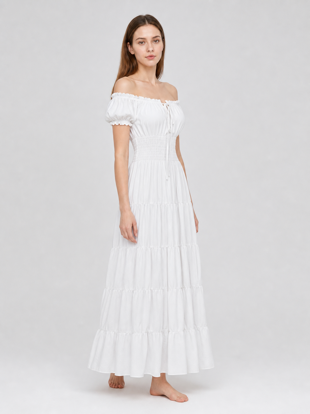 White Off-the-Shoulder Dress with Tiered Skirt