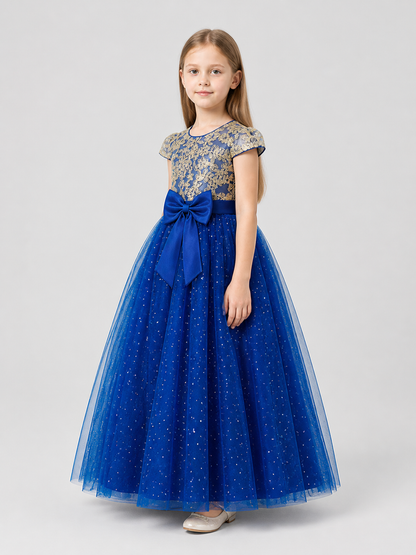 Festive Blue Princess Dress with Lace and Bow side view