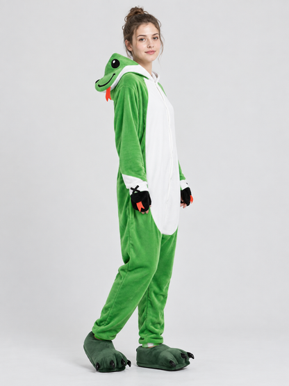 Green Flannel Dinosaur Hooded Pajama Jumpsuit