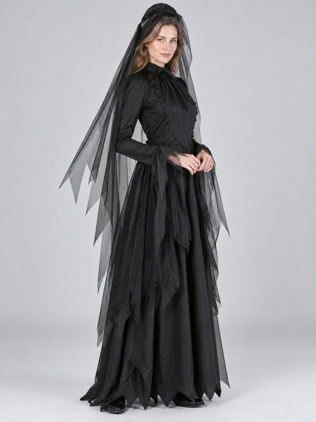 Vampire Carnival Costume with Veil and Hat, Black