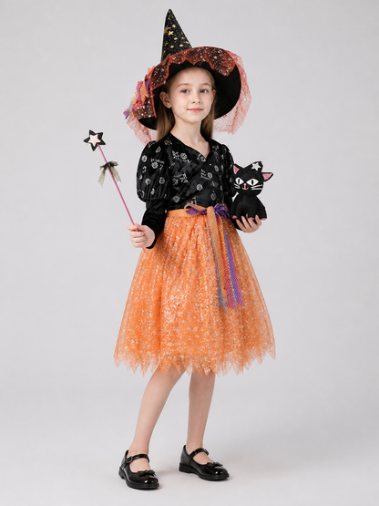 Witch Costume with Skirt, Hat, and Magic Wand side view