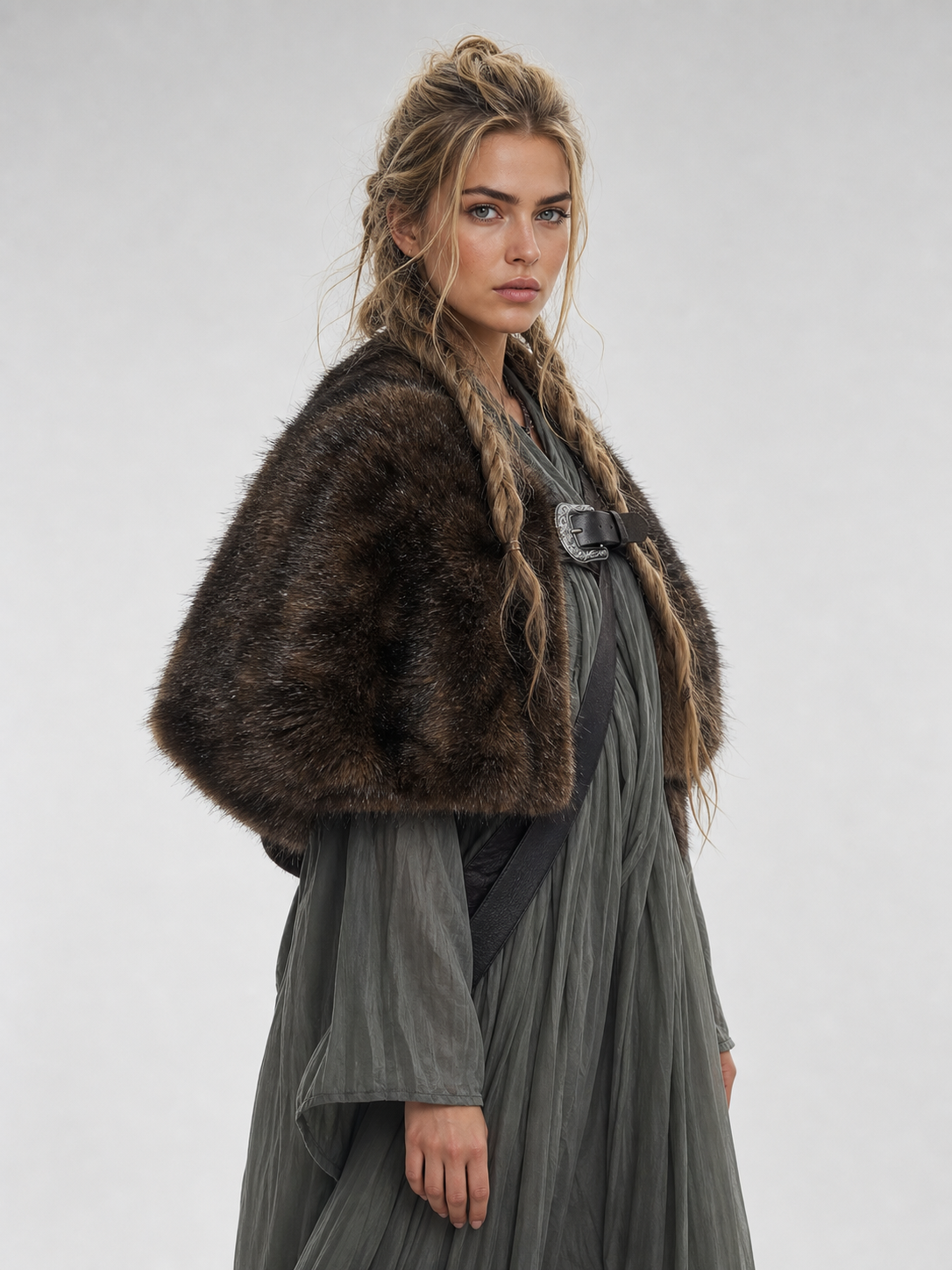 Fur Shoulder Shawl with Buckle, Brown