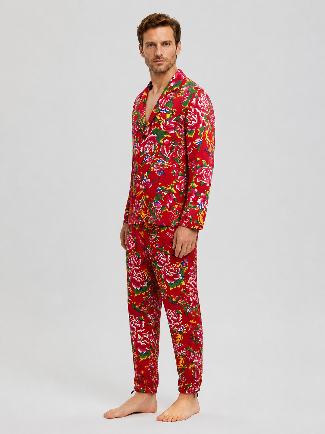 Two-Piece Suit with Blazer and Pants, Red Floral Print side view
