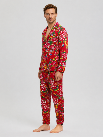 Two-Piece Suit with Blazer and Pants, Red Floral Print side view