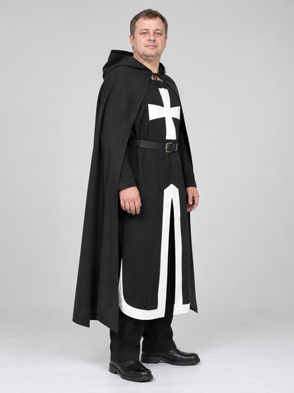 Black costume with white cross, hood, and belt