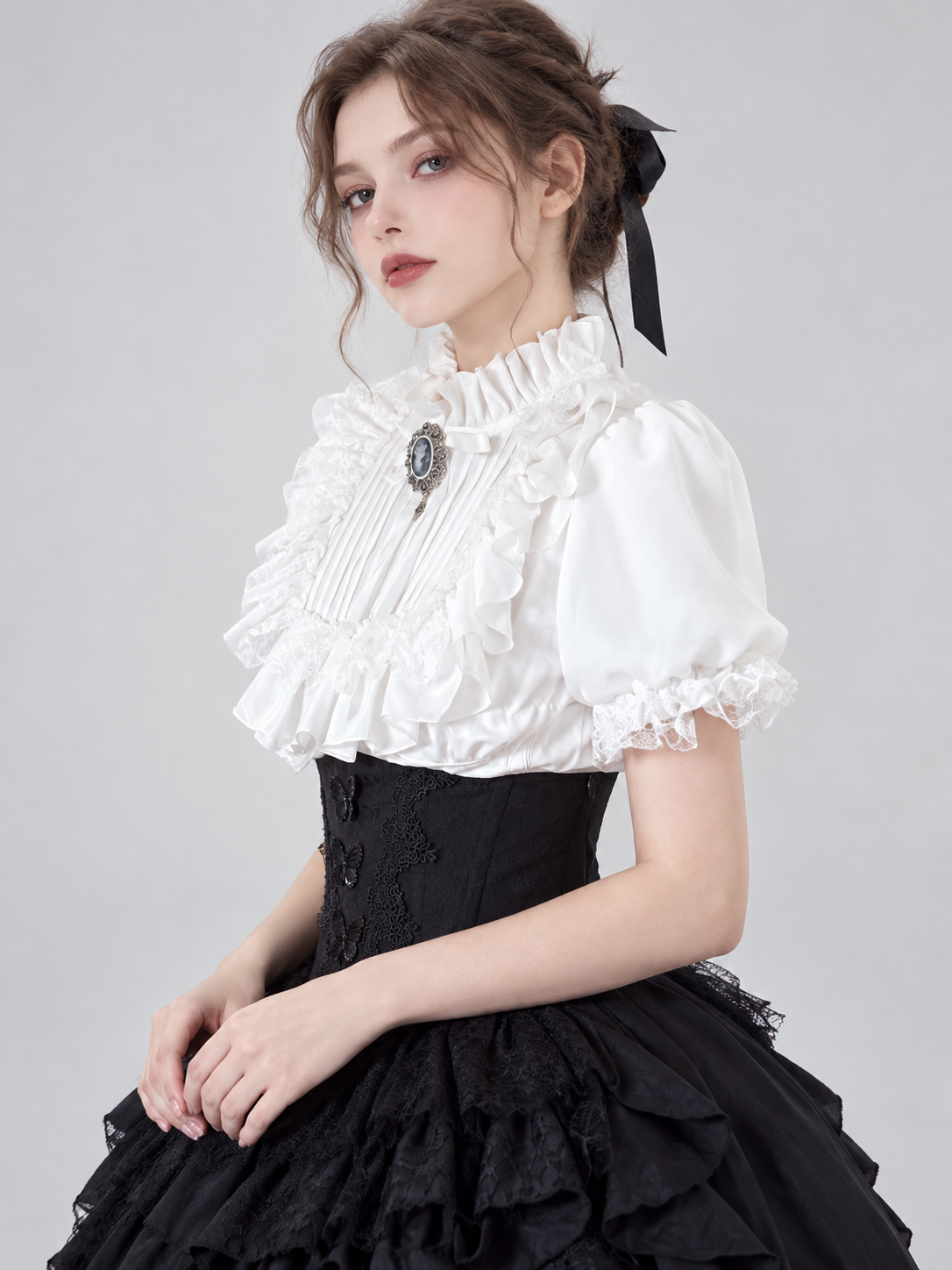 White Lolita-Style Blouse with Jabot and Lace