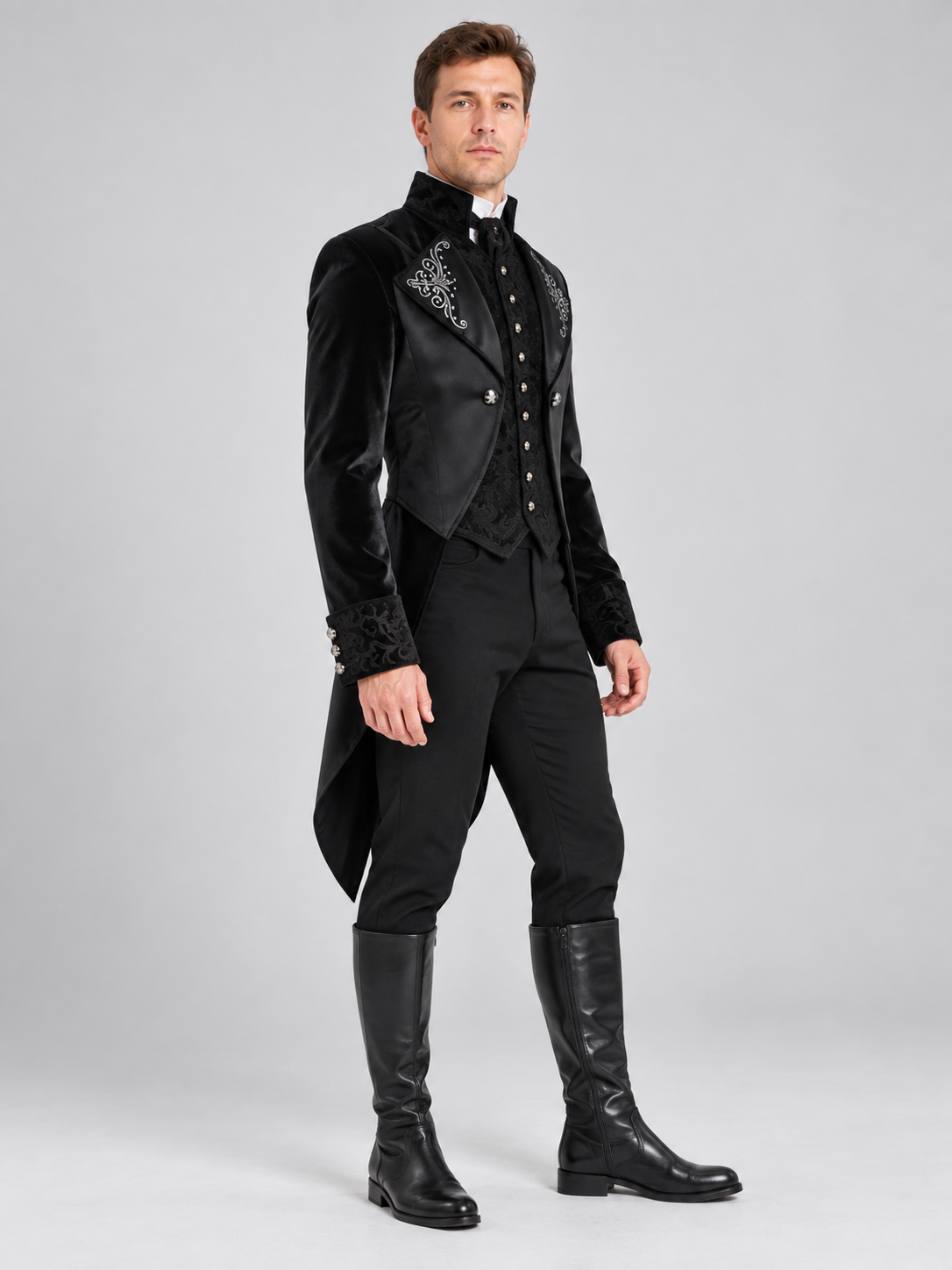 Black Tailcoat with High Collar and Silver Embroidery