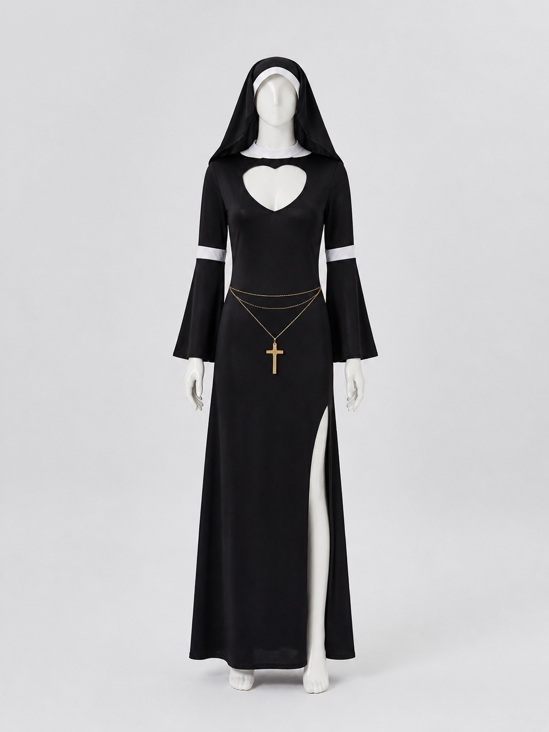 Black Religious Robe Costume with Head Covering and Cross side view