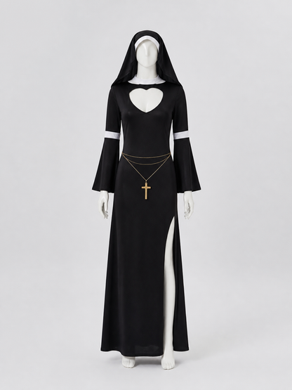 Black Religious Robe Costume with Head Covering and Cross side view