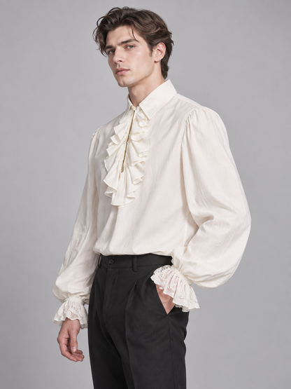 White shirt with a jabot and ruffles on the cuffs
