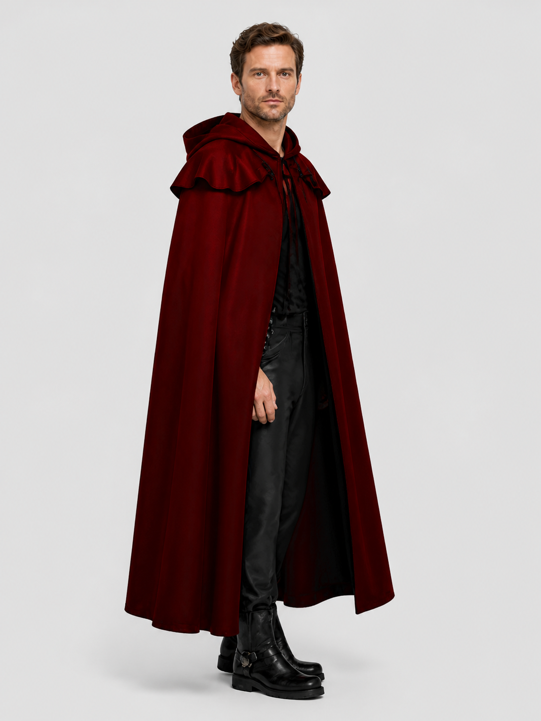 Dark Red Hooded Vampire Cloak for Halloween side view