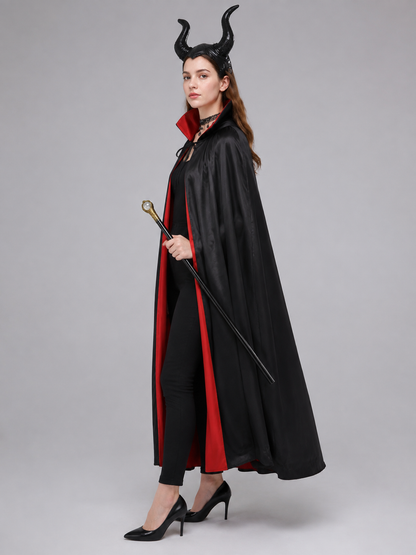 Costume set with a cape, horned headband, and wand side view