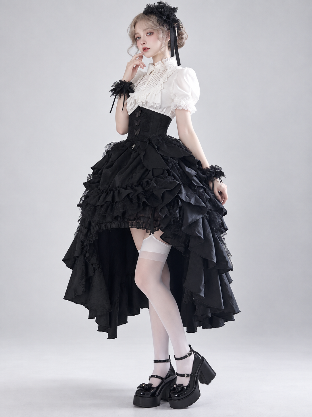 Black Lolita Skirt with Ruffles and Asymmetrical Hem