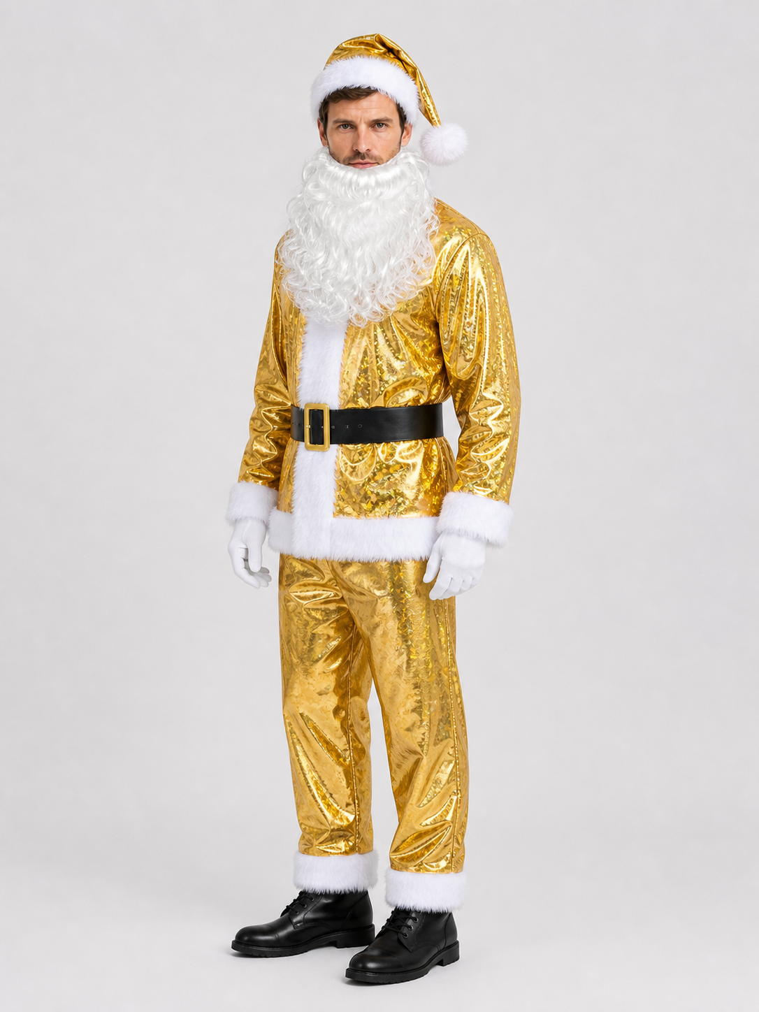 Gold Santa Claus Costume with Beard, Festive Set side view