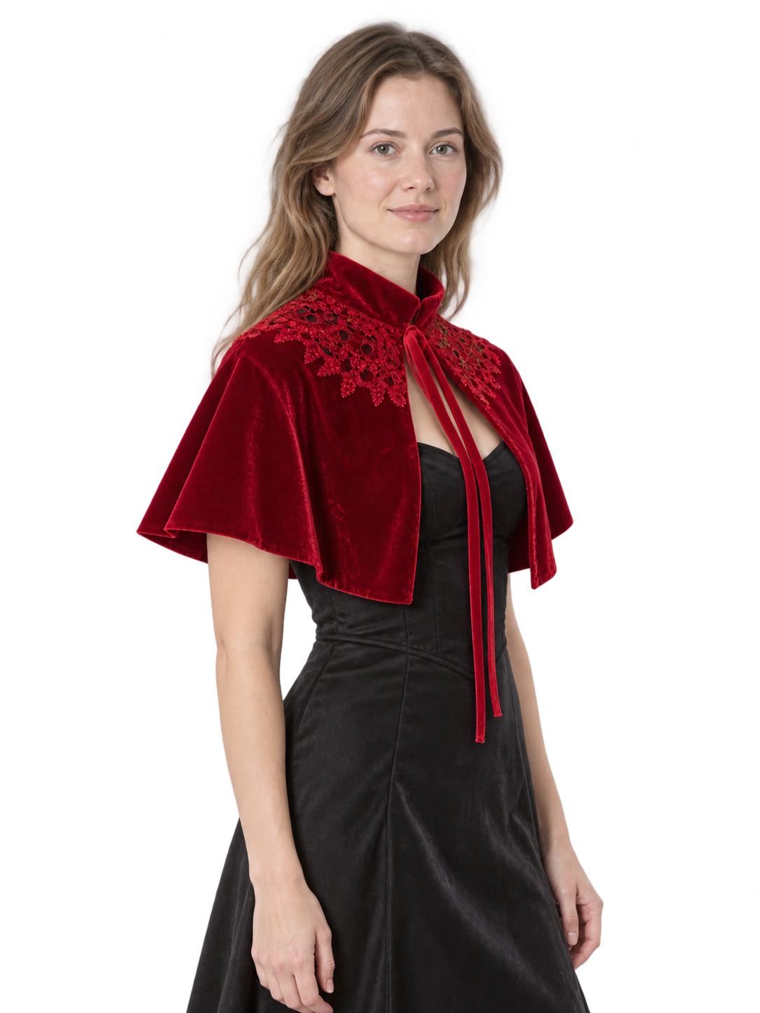 Red velvet capelet with lace trim and ties