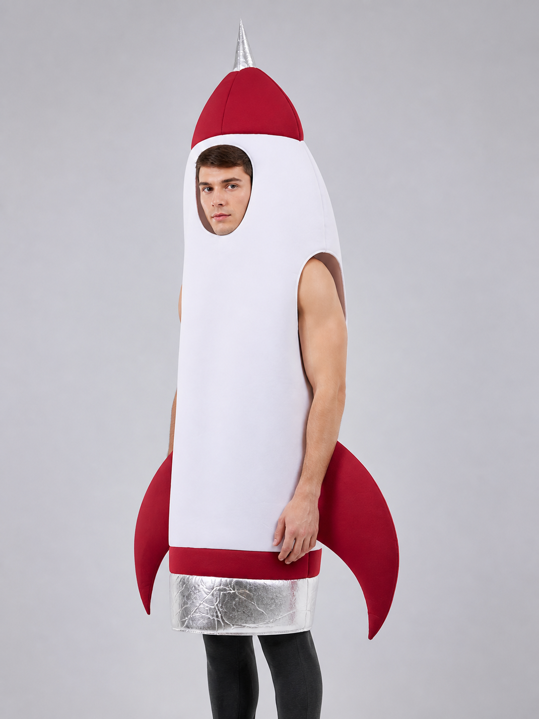 The rocket costume is designed in the shape of a space rocket and is suitable