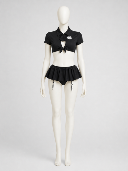 Erotic Police Costume, Black, Top and Skirt, S-L side view