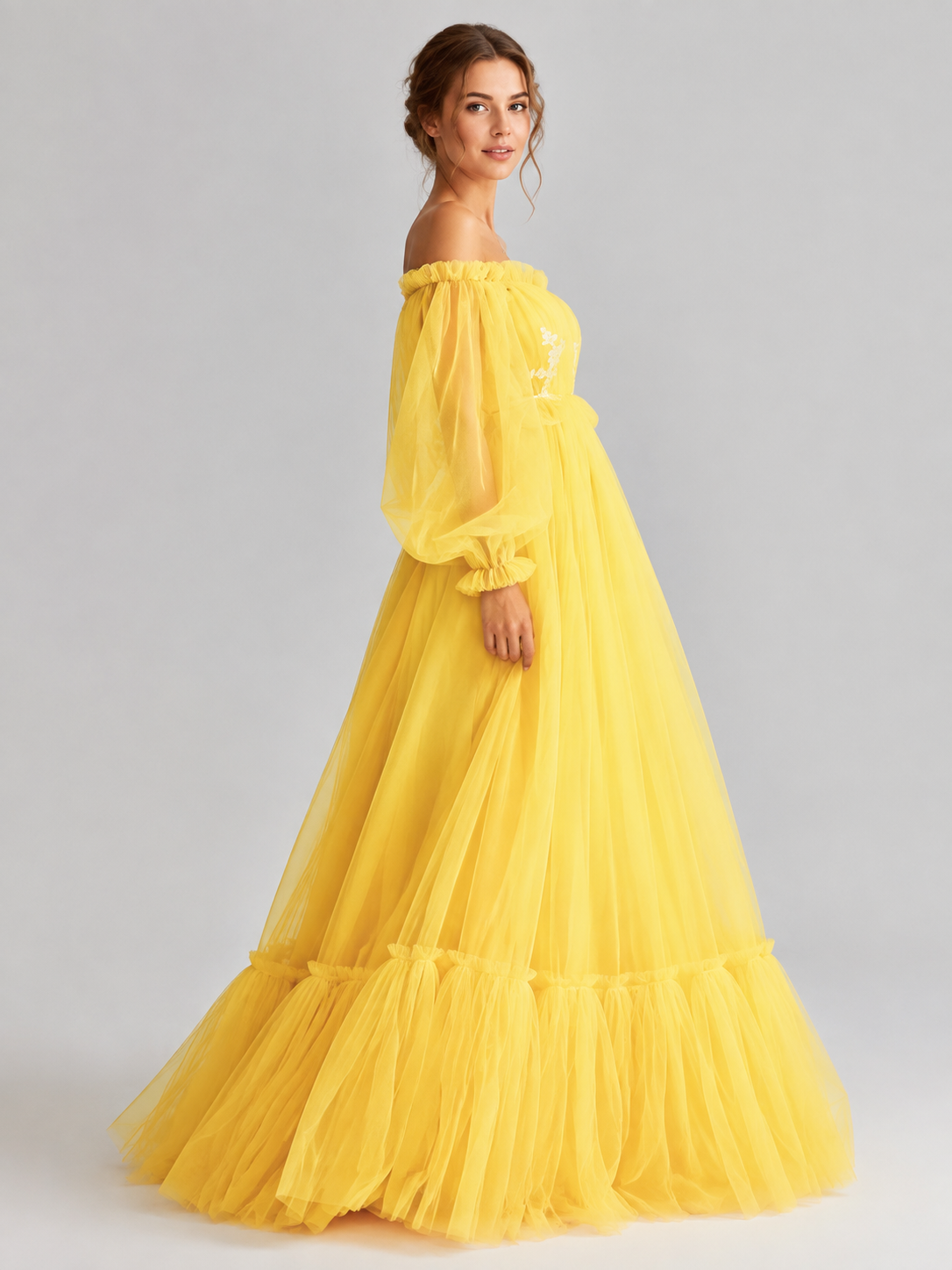 Long Yellow Dress with Puff Sleeves and Ruffle side view