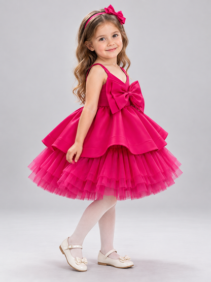 Girls' Festive Dress Bright Pink with Bow