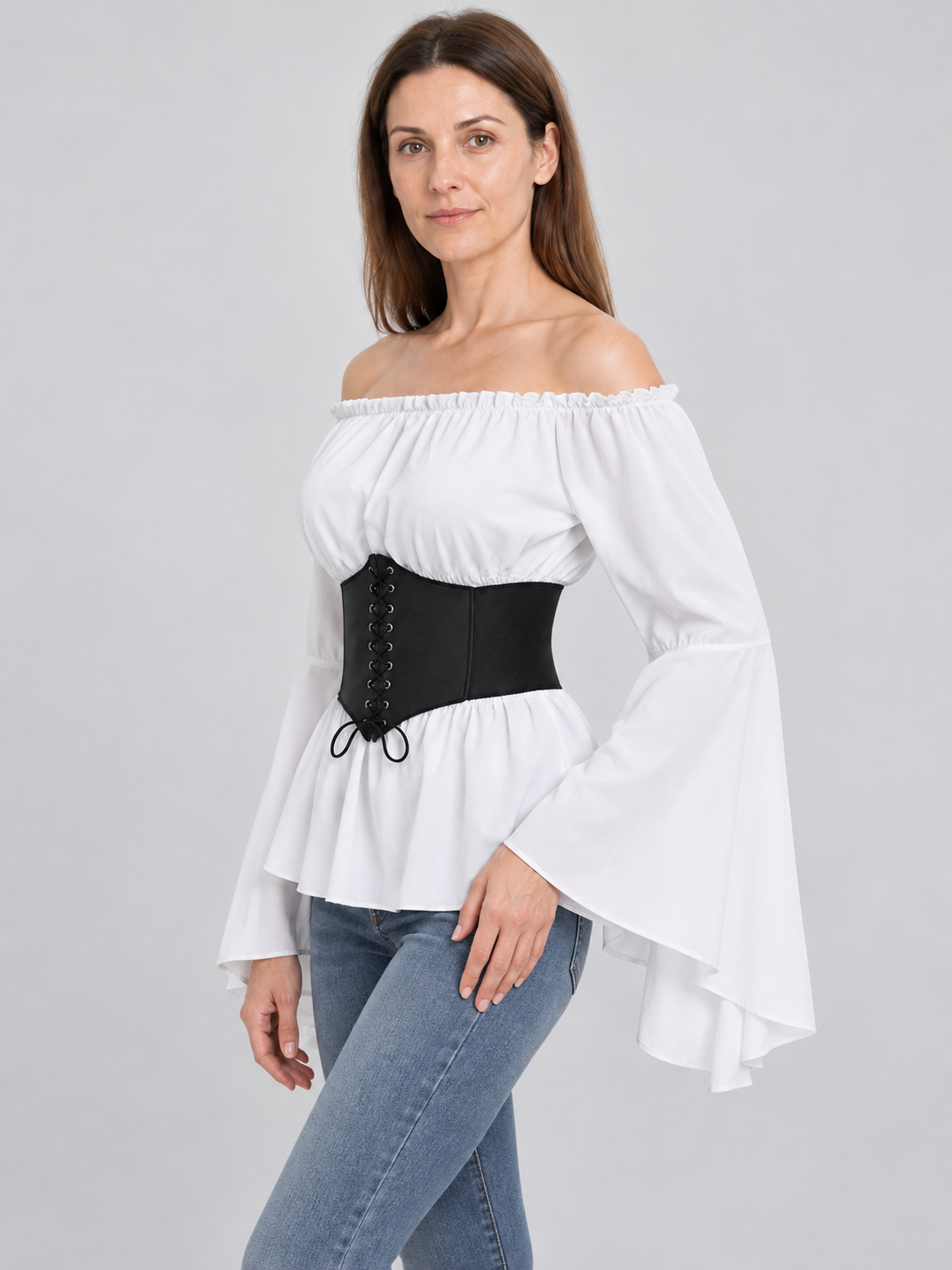 White Blouse with Black Corset Belt in Pirate Style